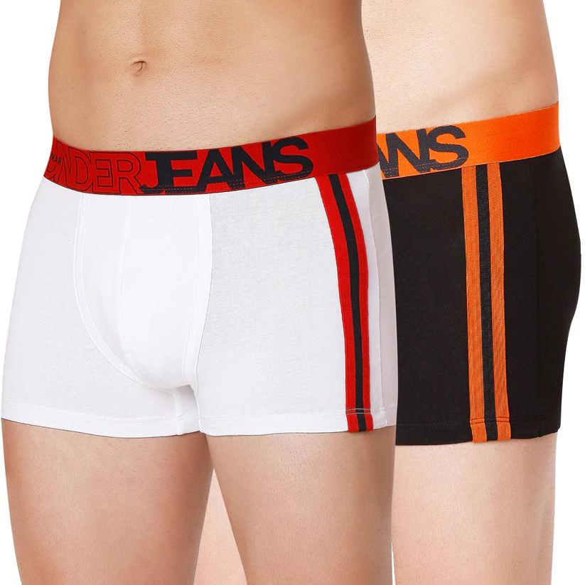 Men Premium Black-Orange & White-Red Cotton Blend Trunk (Pack Of 2)- Underjeans By Spykar