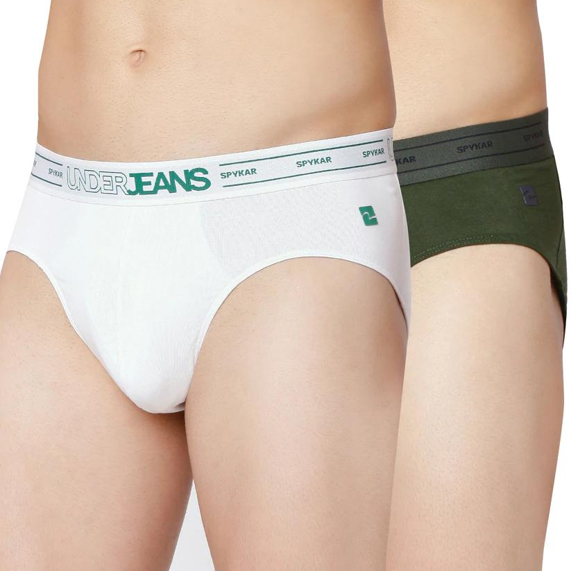 Men Premium Olive & White Cotton Blend Brief (Pack Of 2)- Underjeans By Spykar