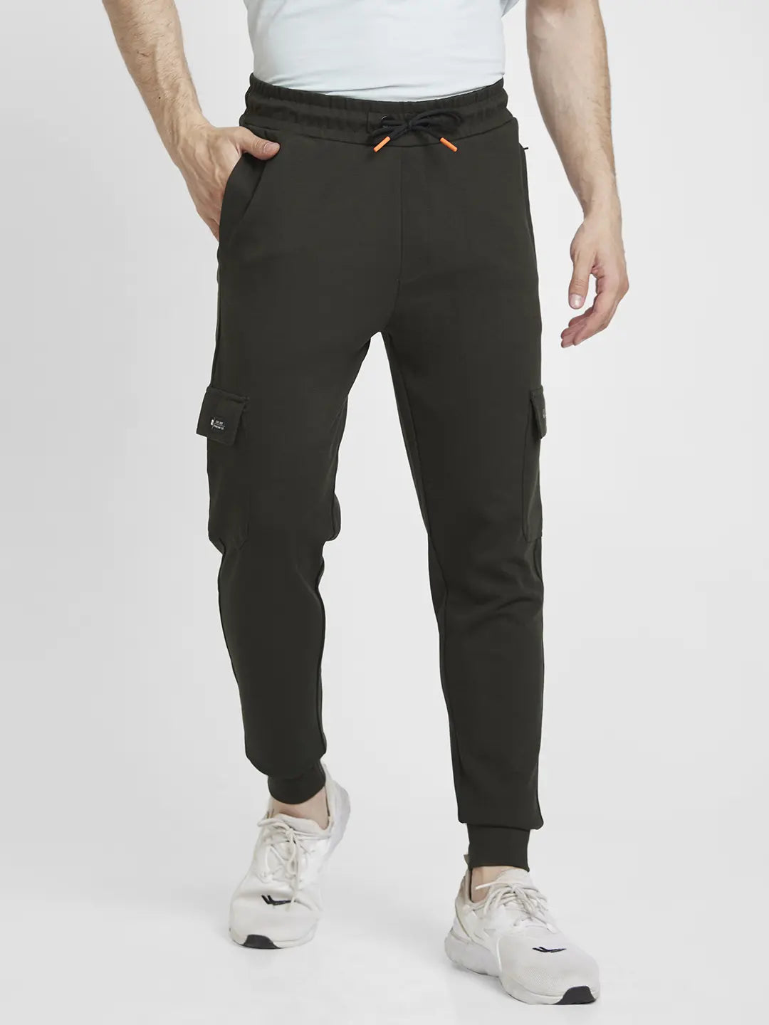 Shop Spykar Men Olive Green Blended Regular Fit Plain Joggers Trackpant Online