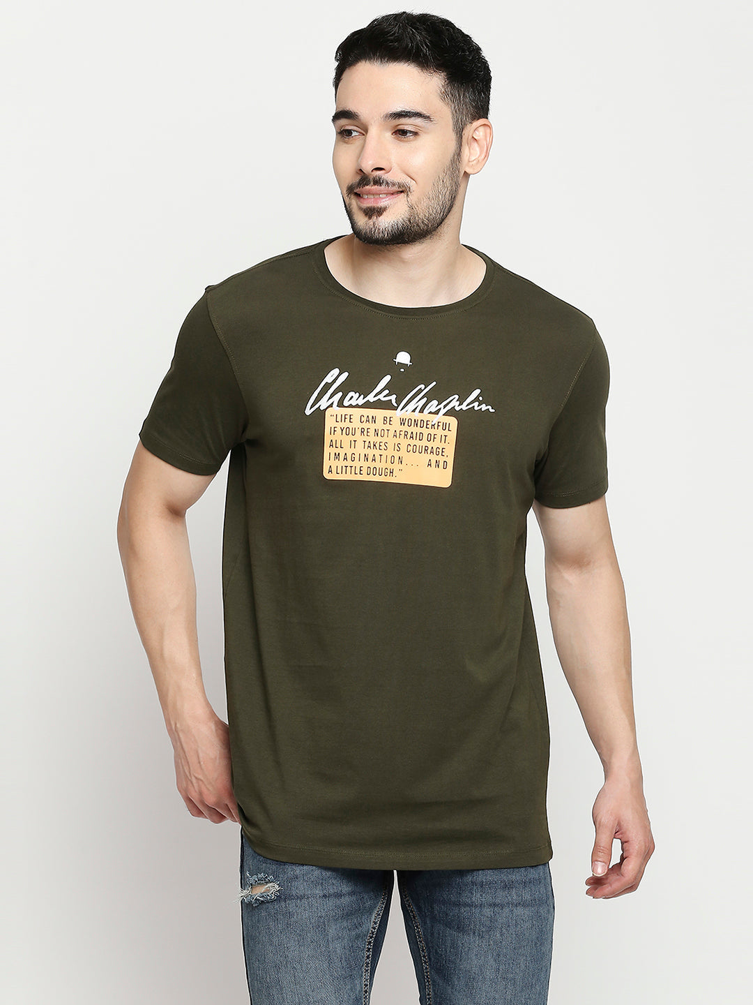 Charlie Chaplin By Spykar Olive Green Cotton Half Sleeve Printed Casual T-Shirt For Men