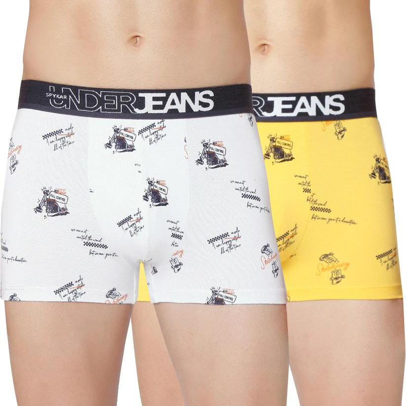 Men Premium White & Yellow Cotton Blend Trunk (Pack Of 2)- Underjeans By Spykar