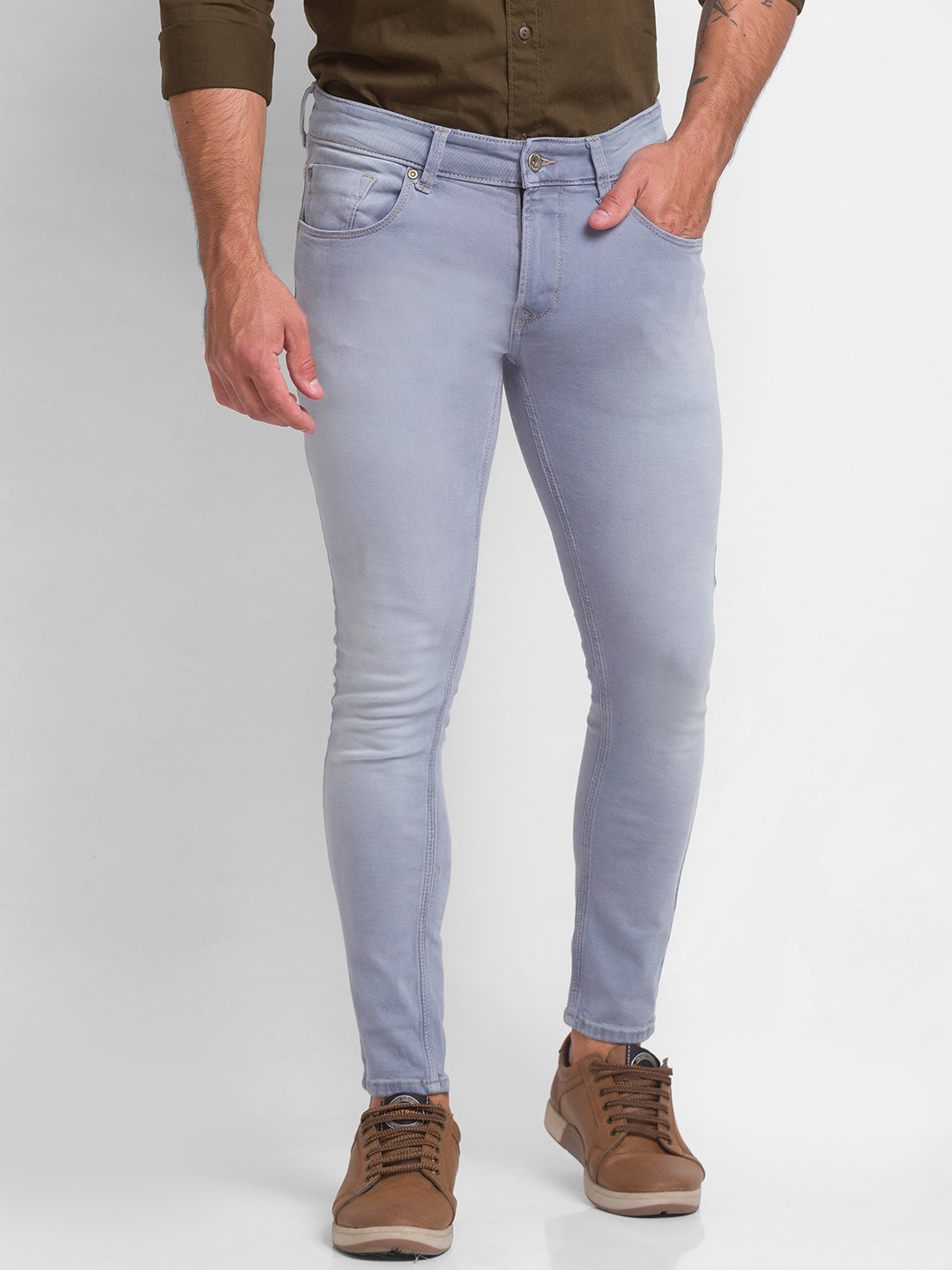 Spykar Ice Grey Cotton Slim Fit Tapered Length Jeans For Men (Kano)