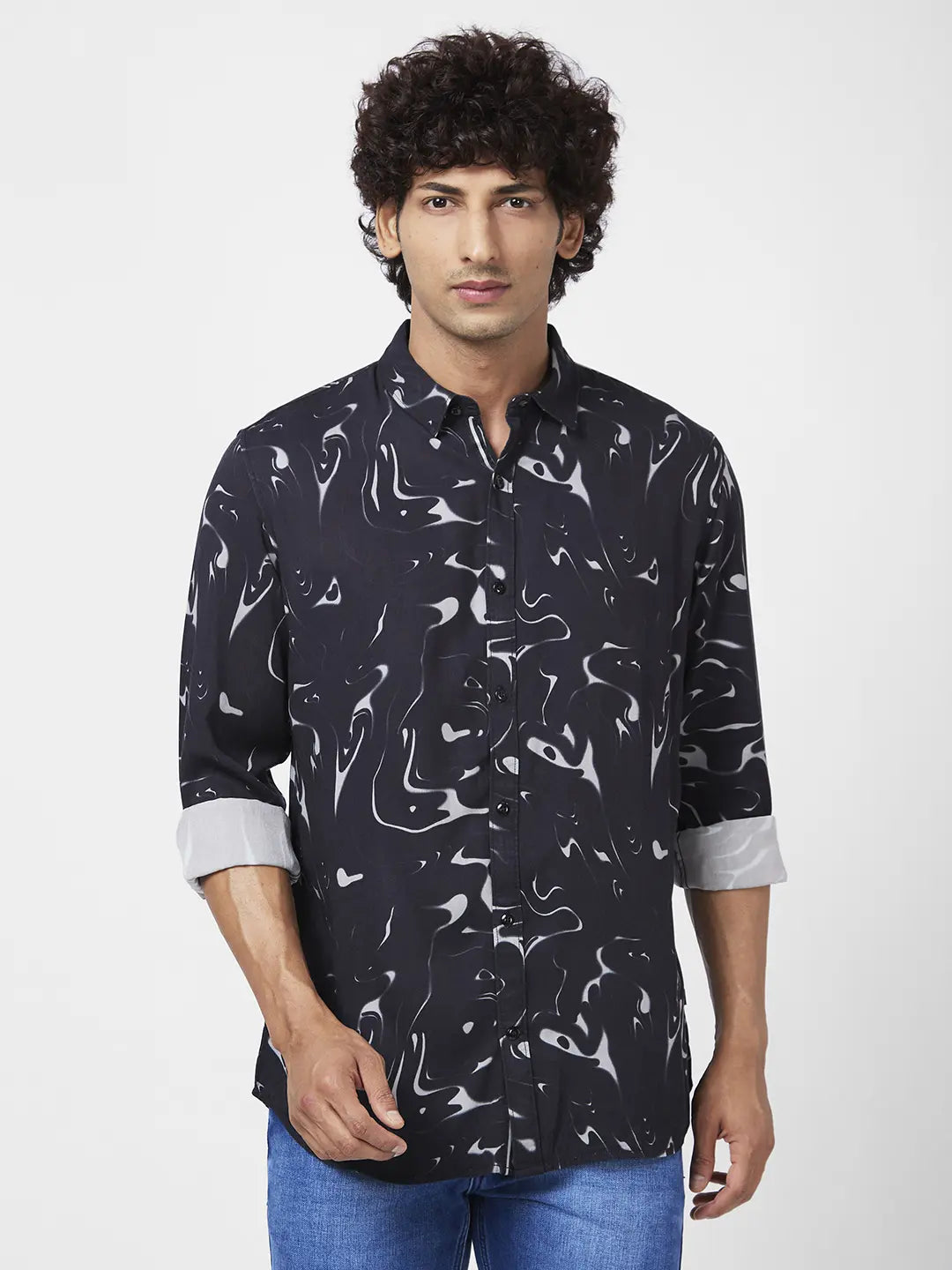 Spykar Men Black Viscose Regular Slim Fit Full Sleeve Causal Printed Shirt