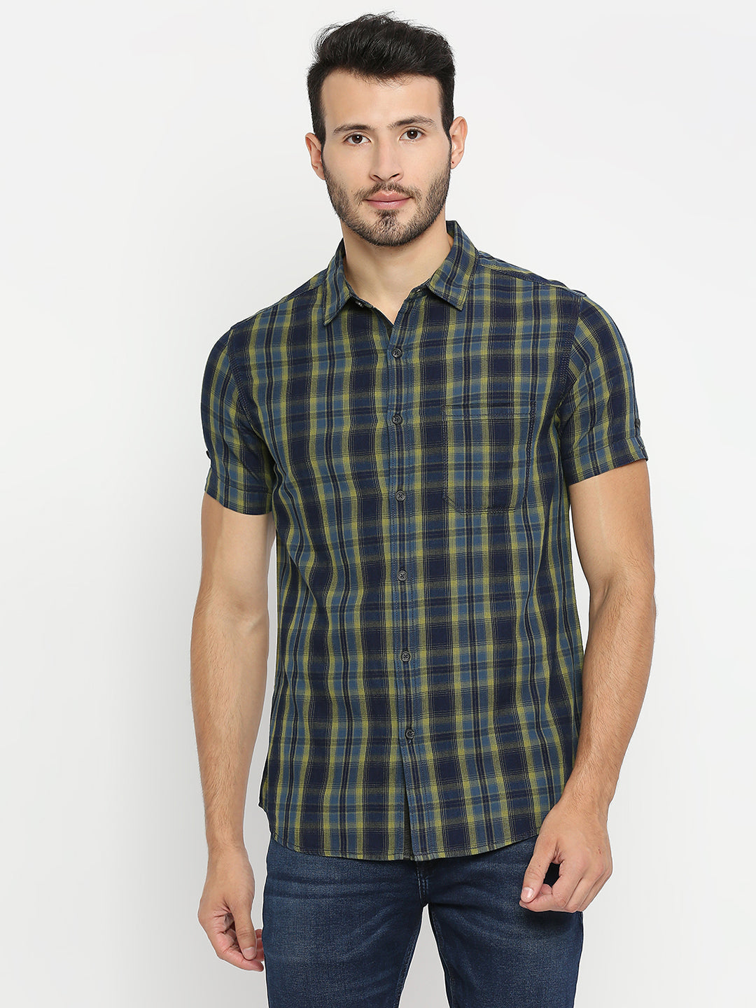 Spykar Men Pista Green Cotton Half Sleeve Checkered Shirt