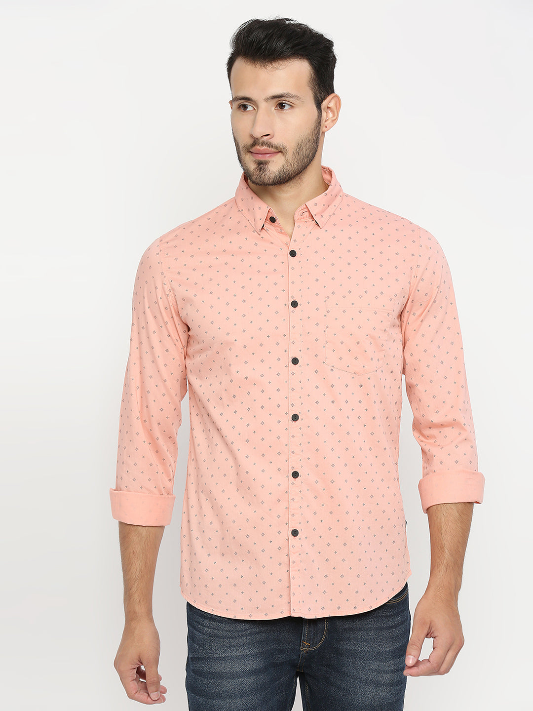 Spykar Men Pink Cotton Full Sleeve Printed Shirt