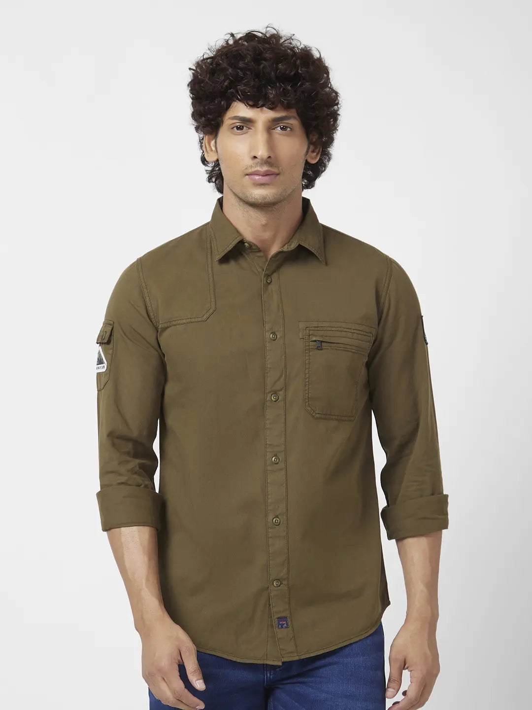 Spykar Men Forest Green Twill Regular Slim Fit Full Sleeve Denim Shirt