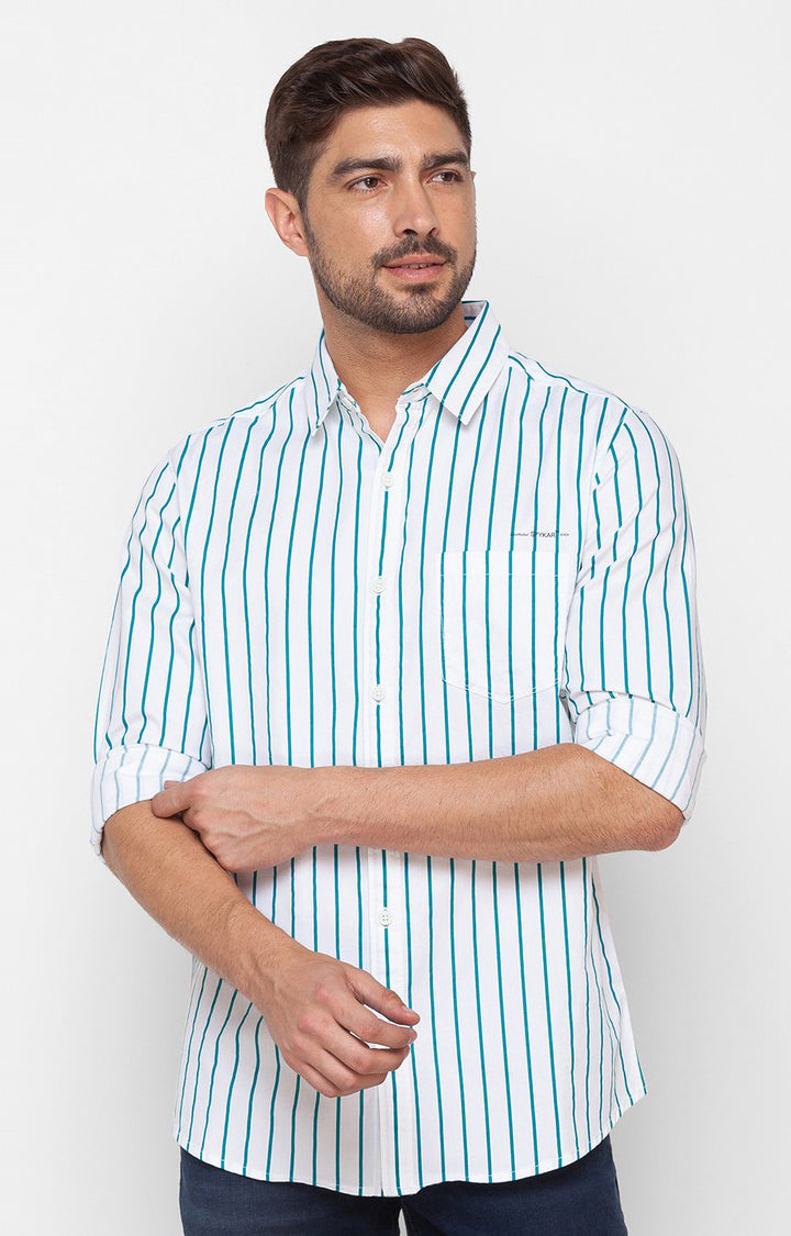 Spykar Sporty Green Cotton Full Sleeve Stripes Shirt For Men