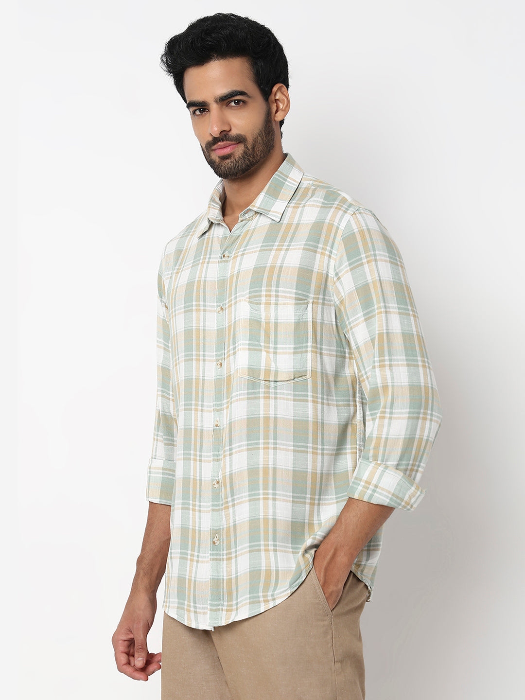 Spykar Granite Green Slim Fit Casual Shirts For Men