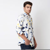 Men Shirt Print White Slim Fit
