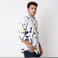 Men Shirt Print White Slim Fit
