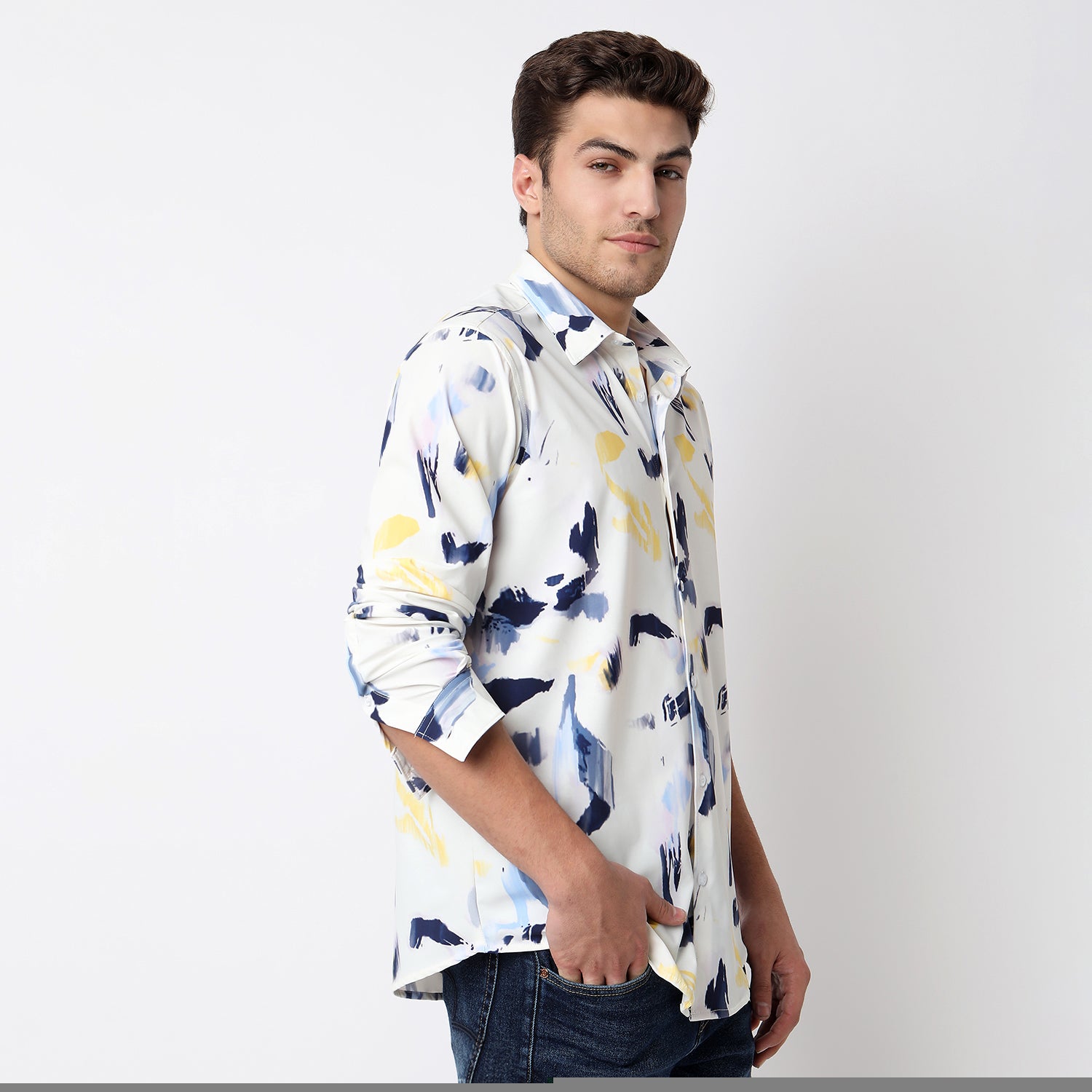 Men Shirt Print White Slim Fit