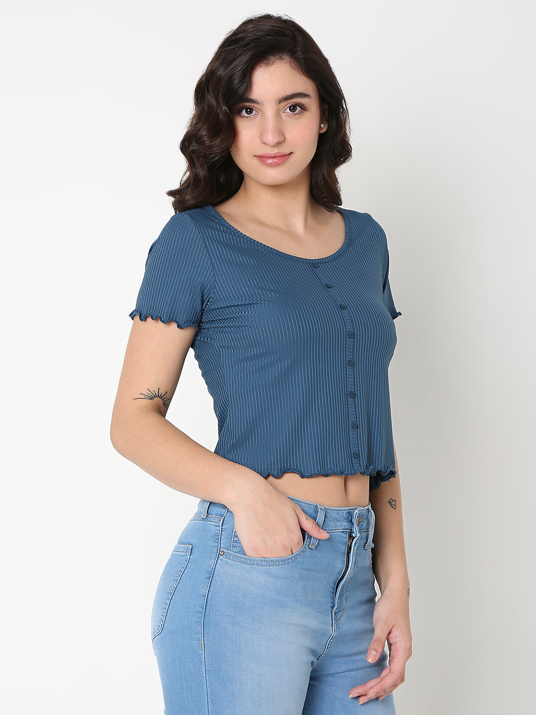 Spykar Blue Slim Half Sleeve Solid T-Shirt For Women