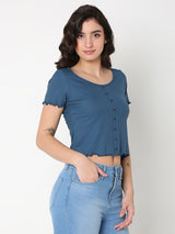 Women T-Shirt Blue Solid Slim Fit