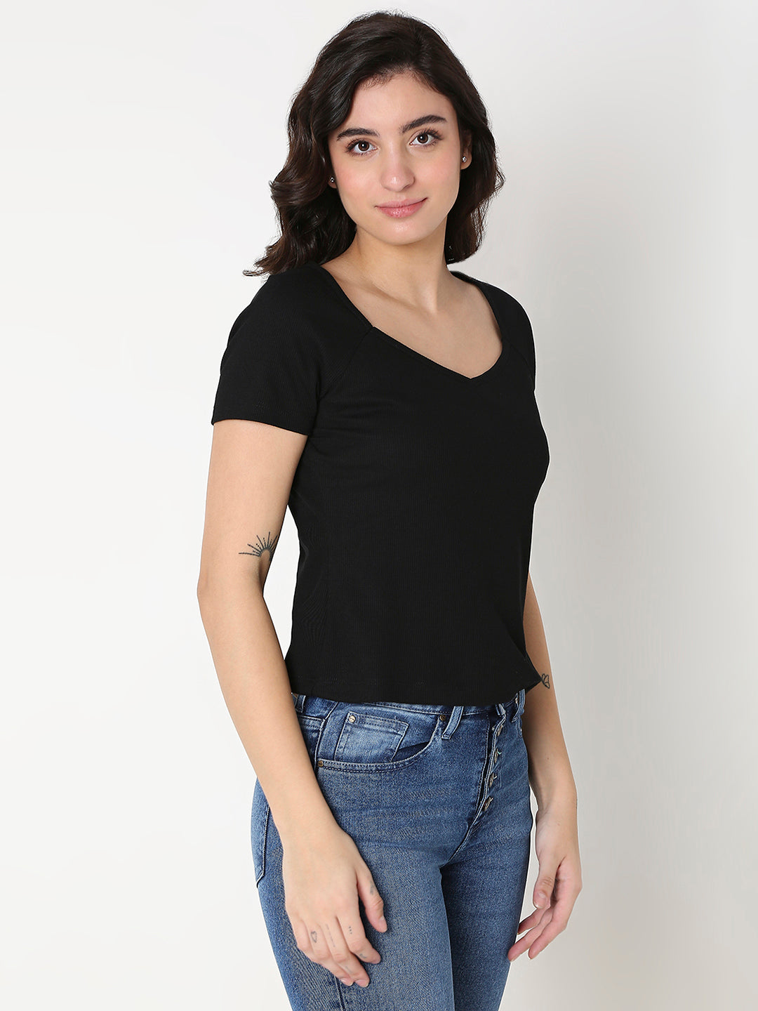 Spykar Black Slim Fit Half Sleeve Solid T-Shirt For women