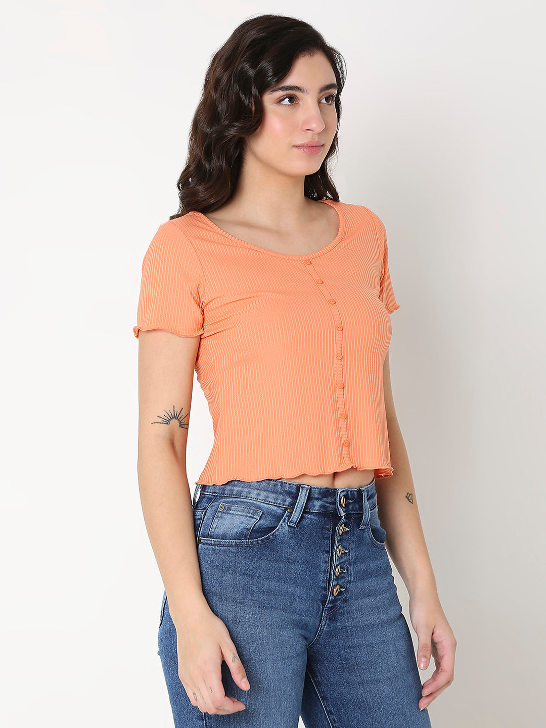 Spykar Orange Slim Half Sleeve Solid T-Shirts For Women