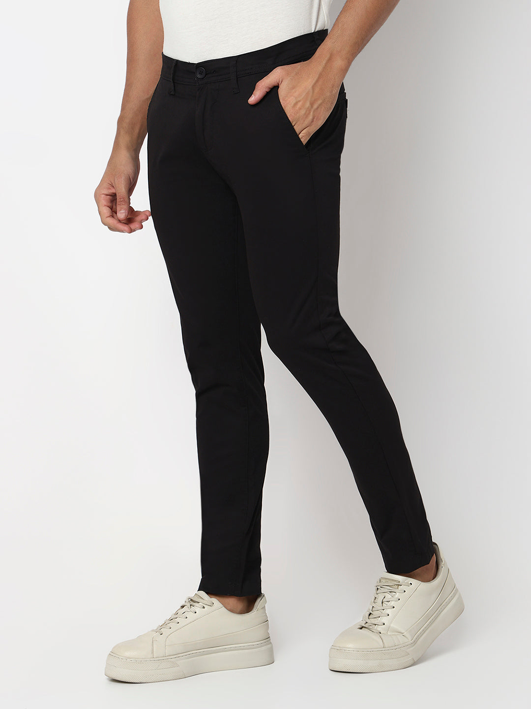 Spykar Black Mid Rise Slim Fit Casual Trouser For Men