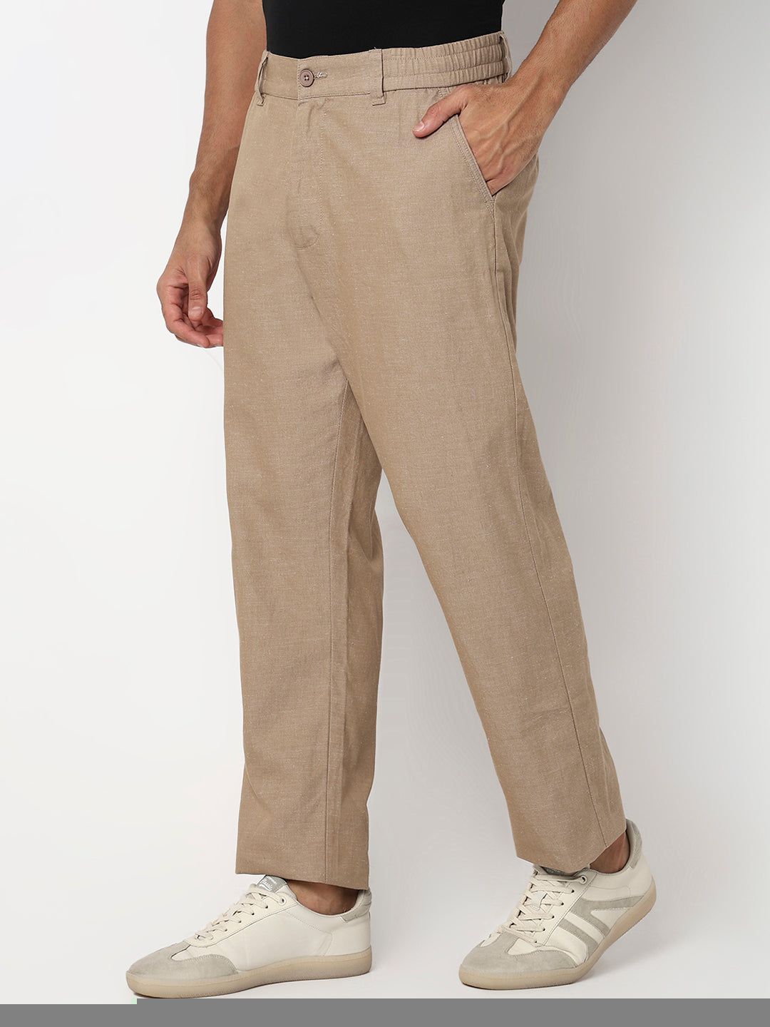 Men Trouser Regular Fit Khaki Mid Rise