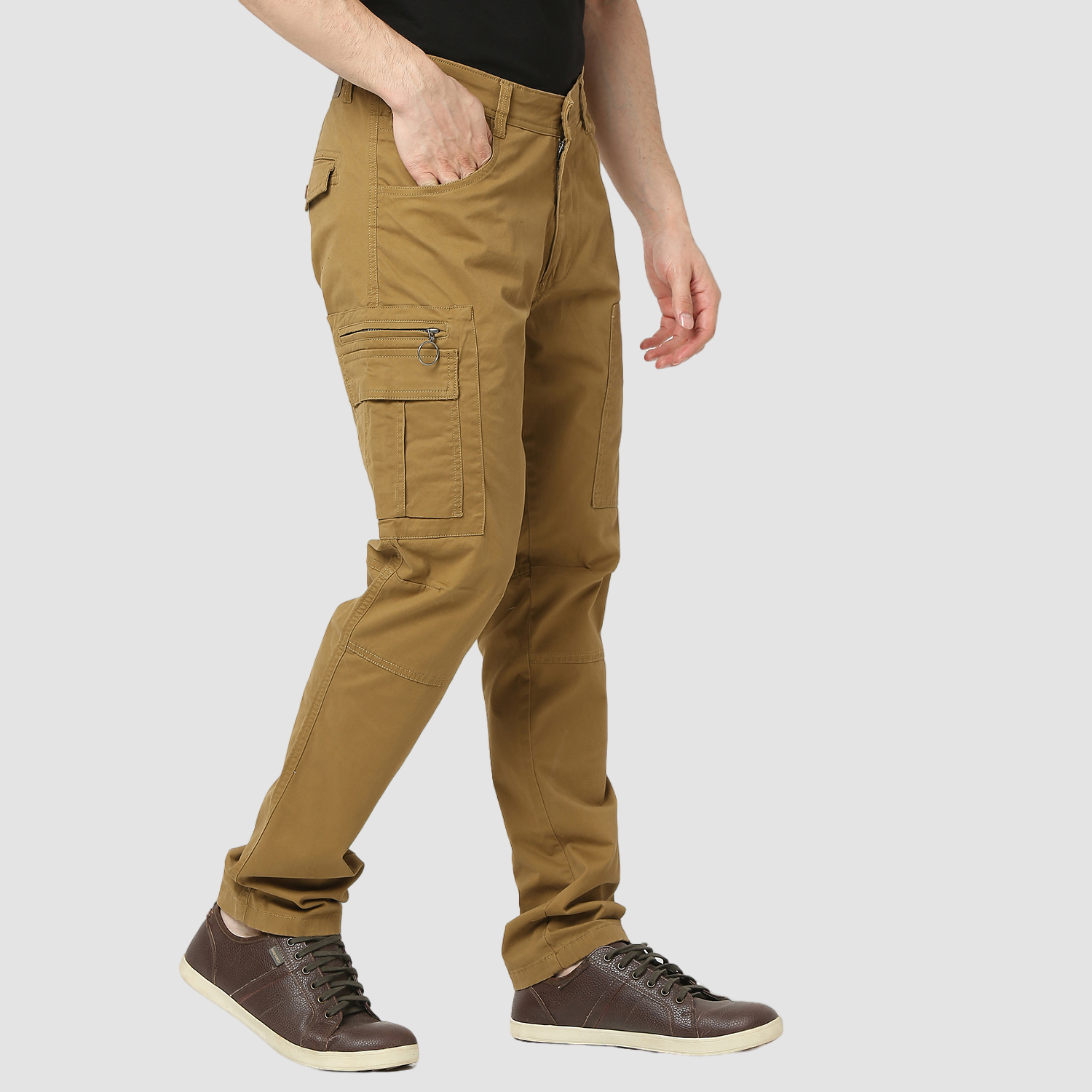 Spykar Camel Khaki Mid Rise Cargo Fit Casual Trouser For Men
