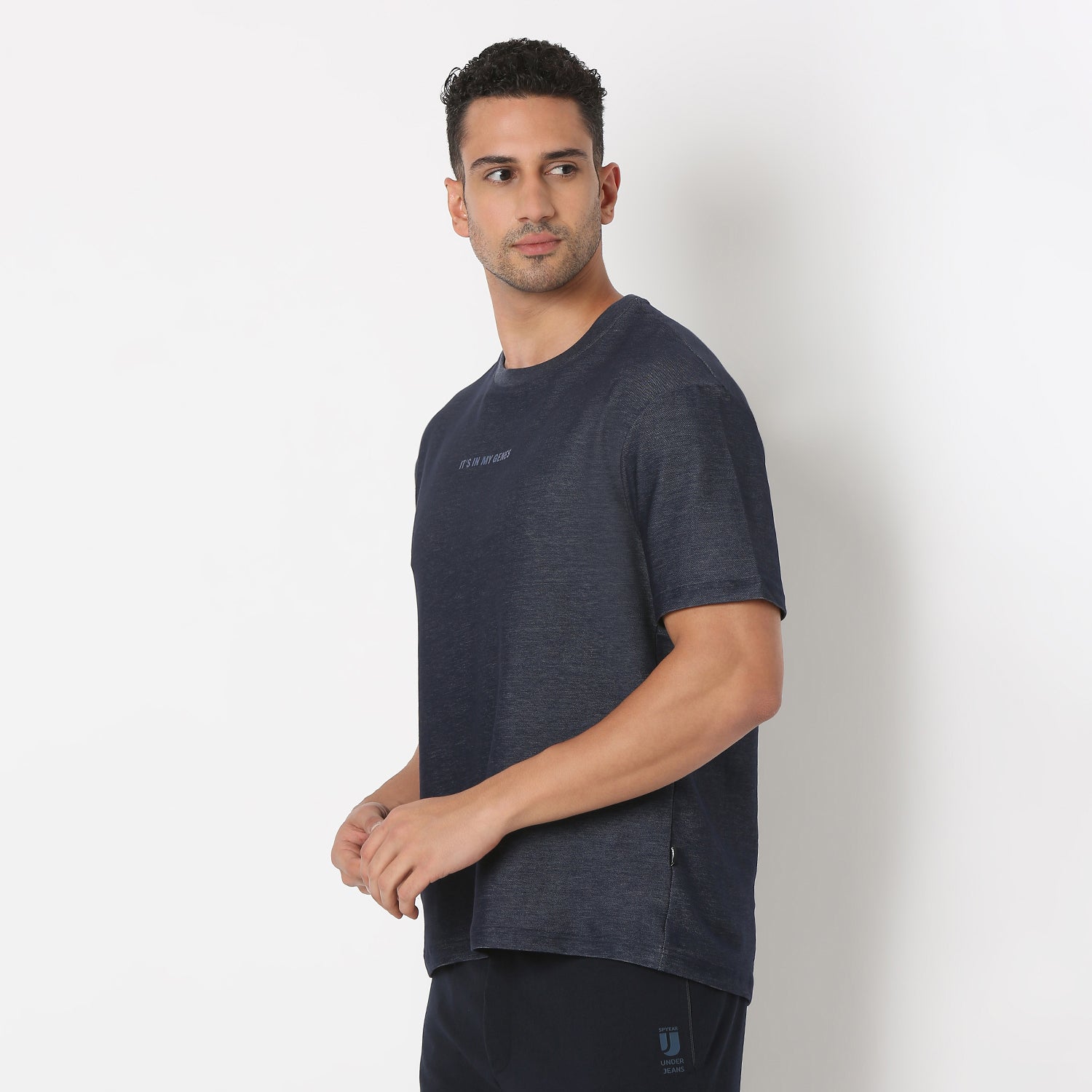 UnderJeans by Spykar Men Basic Dark Denim Blue Oversized T-Shirts