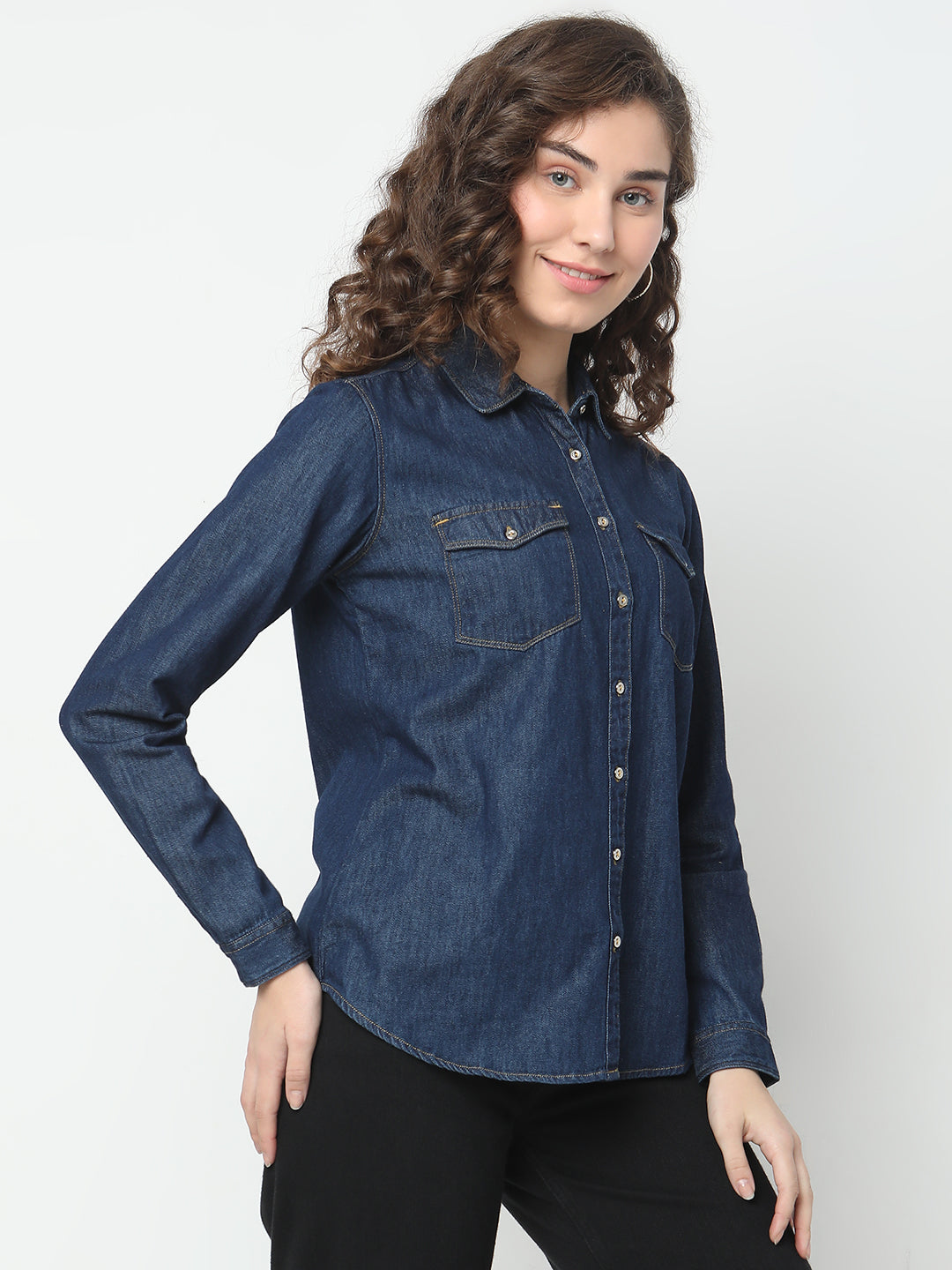 Spykar Full Sleeves Solid Blue Shirts for Women