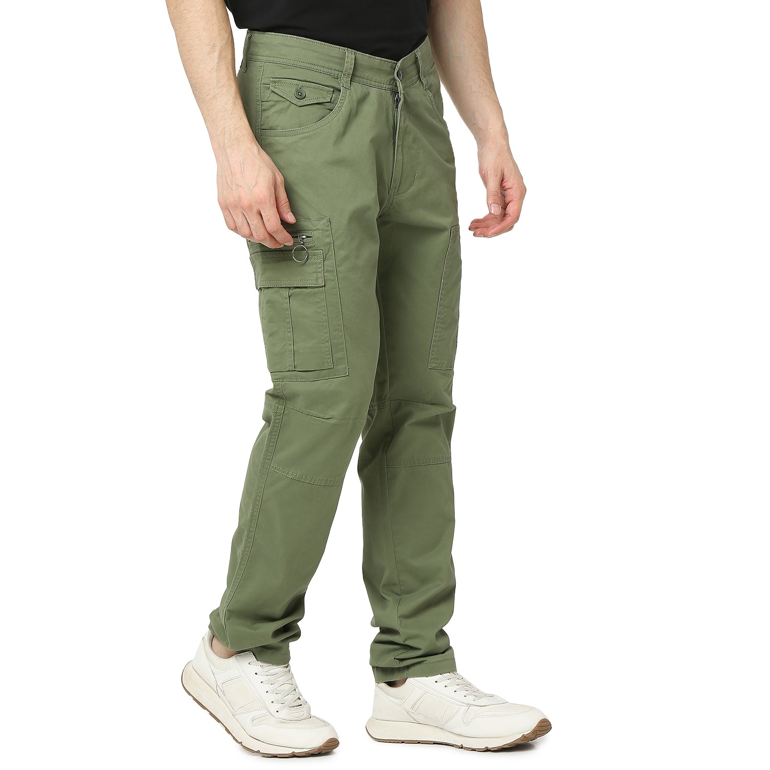 Spykar Sage Green Mid Rise Cargo Fit Casual Trouser For Men