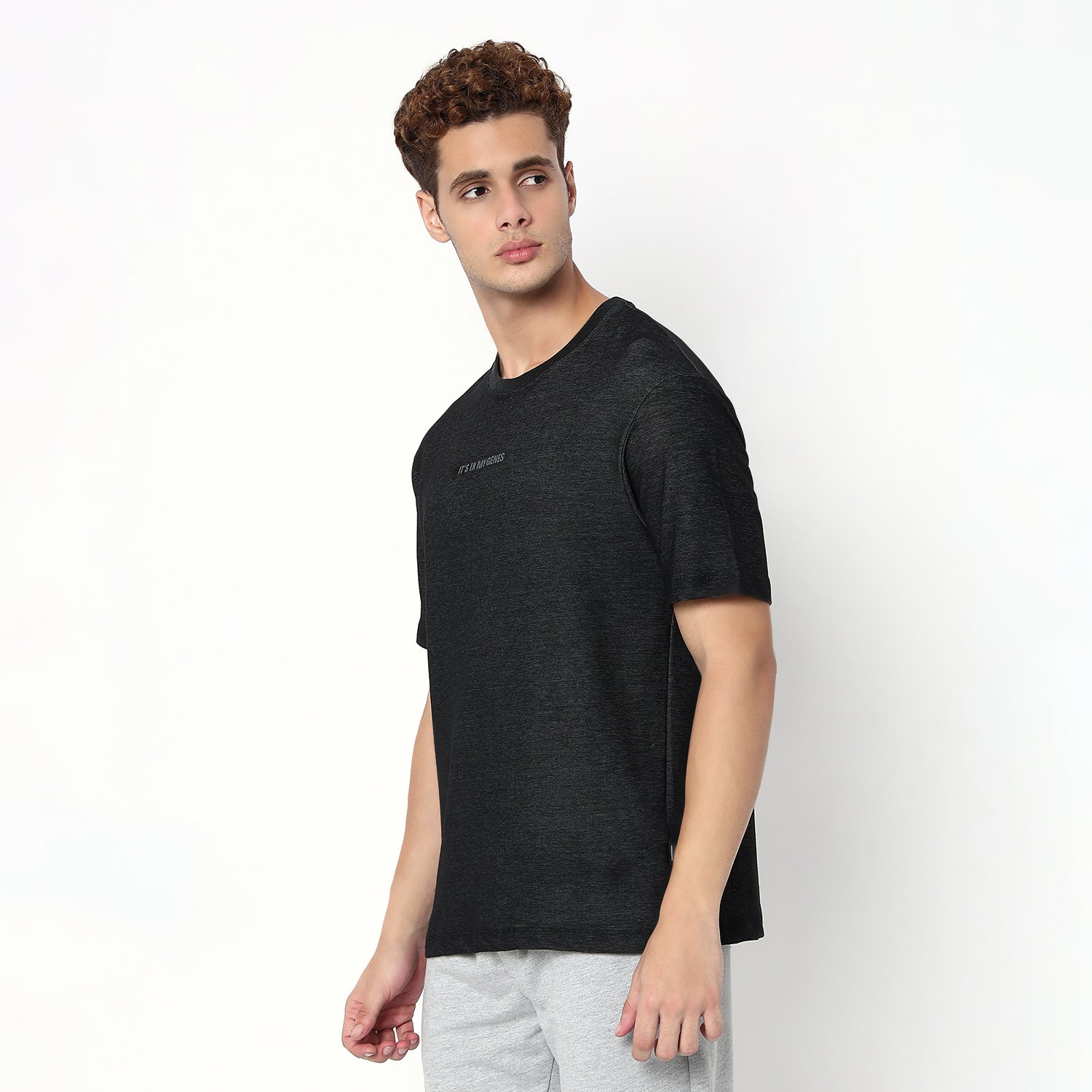 UnderJeans by Spykar Men Basic Dark Denim Black Oversized T-Shirts