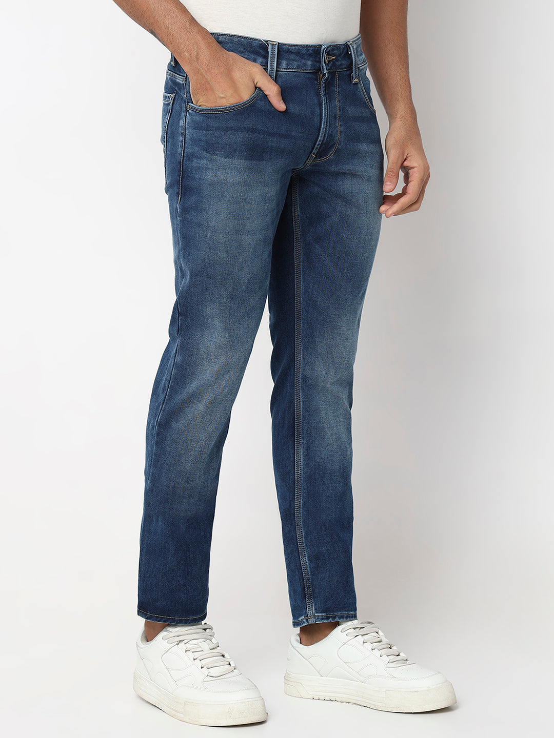Spykar Dark Blue Mid Rise Regular Fit Casual Jeans For Men