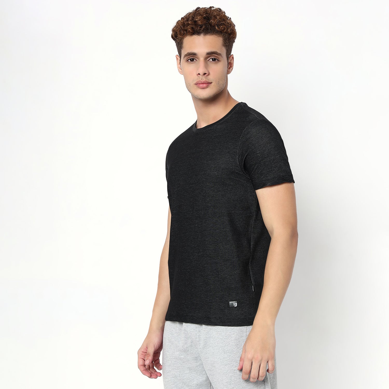 UnderJeans by Spykar Men Basic Dark Denim Black Slim Fit T-Shirts