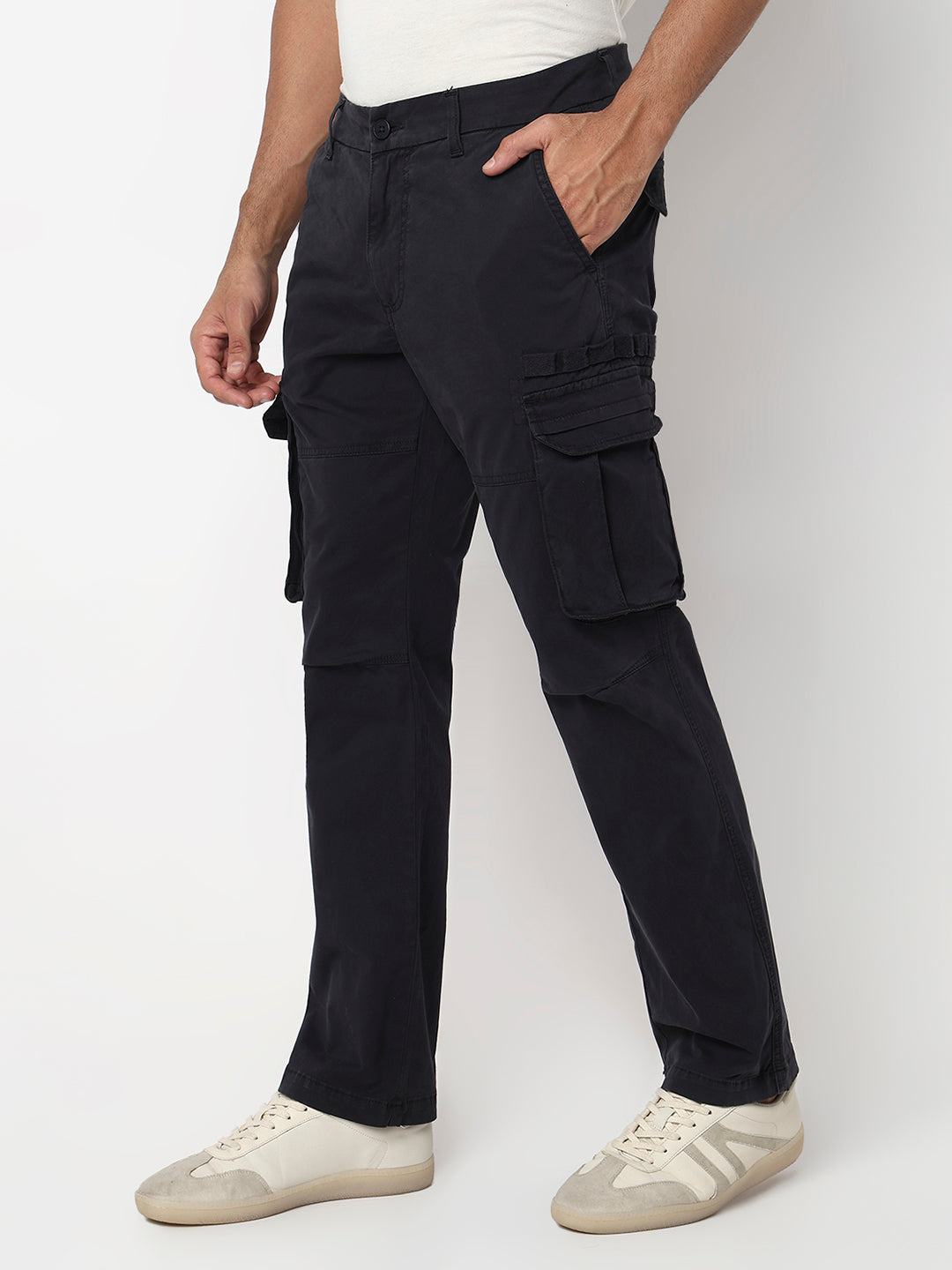 Spykar Navy Blue Mid Rise Regular Fit Casual Trouser For Men