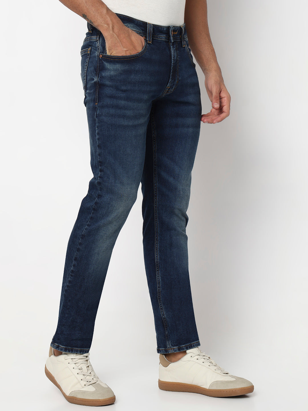 Spykar Dark Blue Mid Rise Regular Fit Casual Jeans For Men