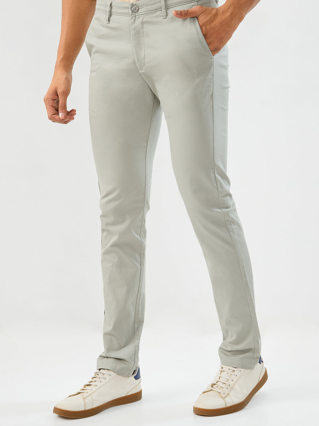 Spykar Granite Green Slim Fit Mid Rise Trousers For Men