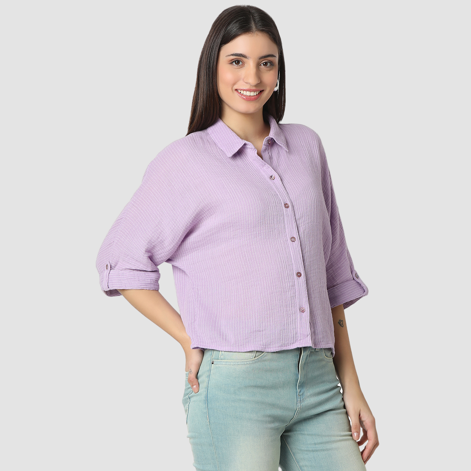 Spykar Crocus Purple Boxy Fit Casual Shirts For Women