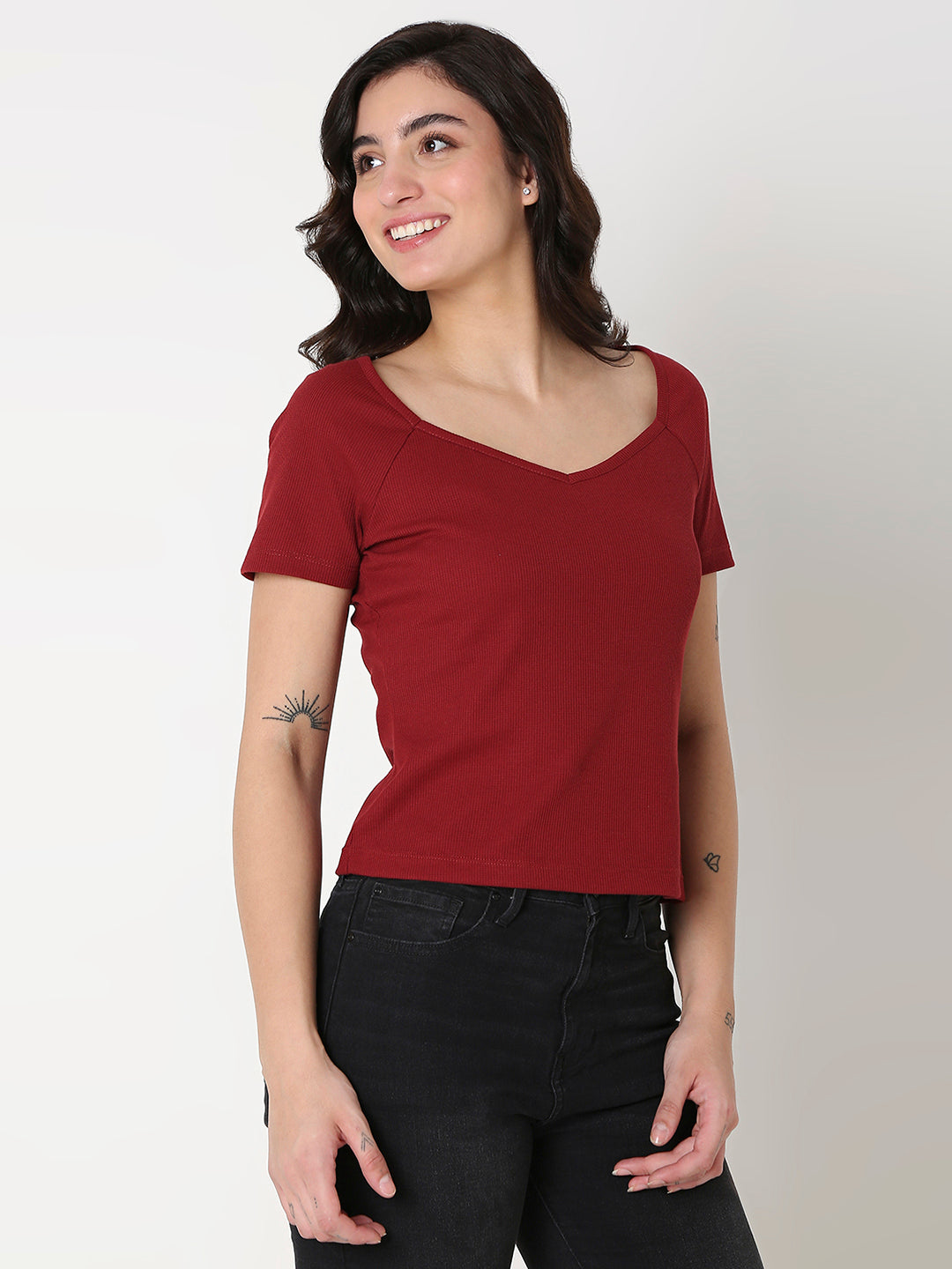 Spykar Maroon Slim Half Sleeve Solid T-Shirts For Women