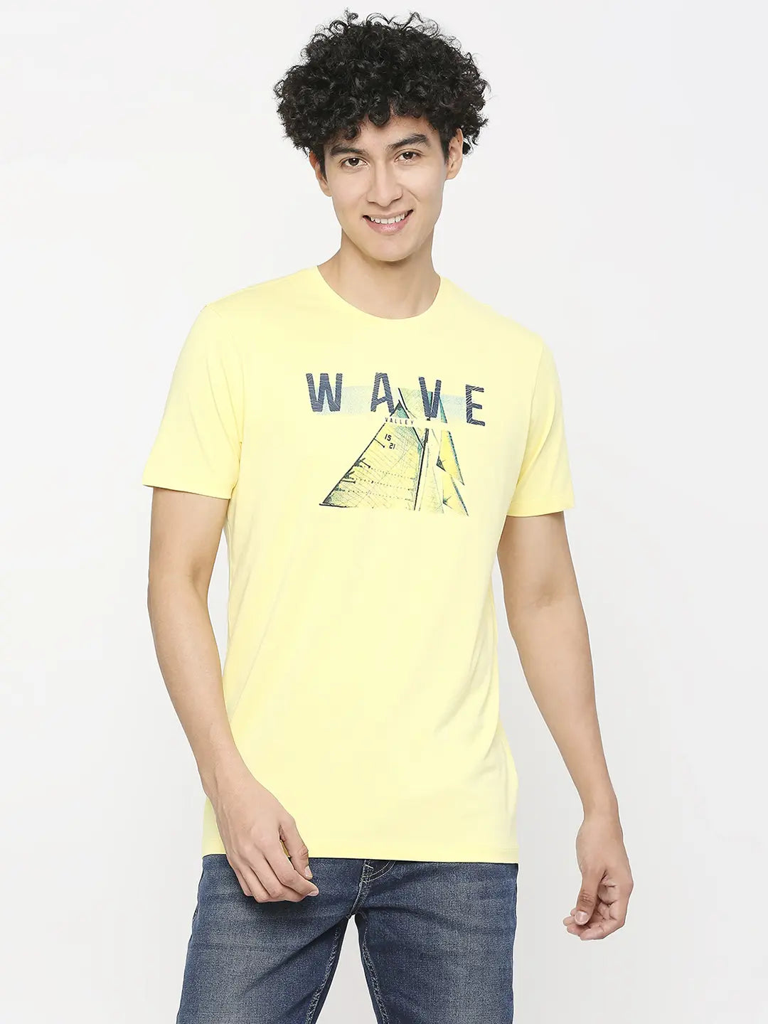 Spykar Men Powder Yellow Cotton Slim Fit Round Neck Printed T-Shirt