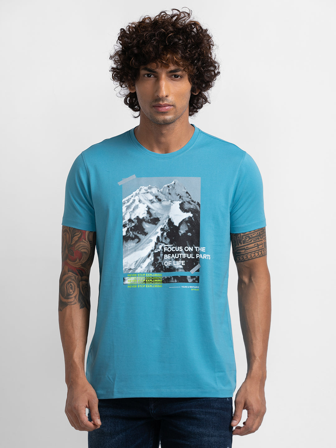 Spykar Haze Blue Cotton Half Sleeve Printed Casual T-Shirt For Men