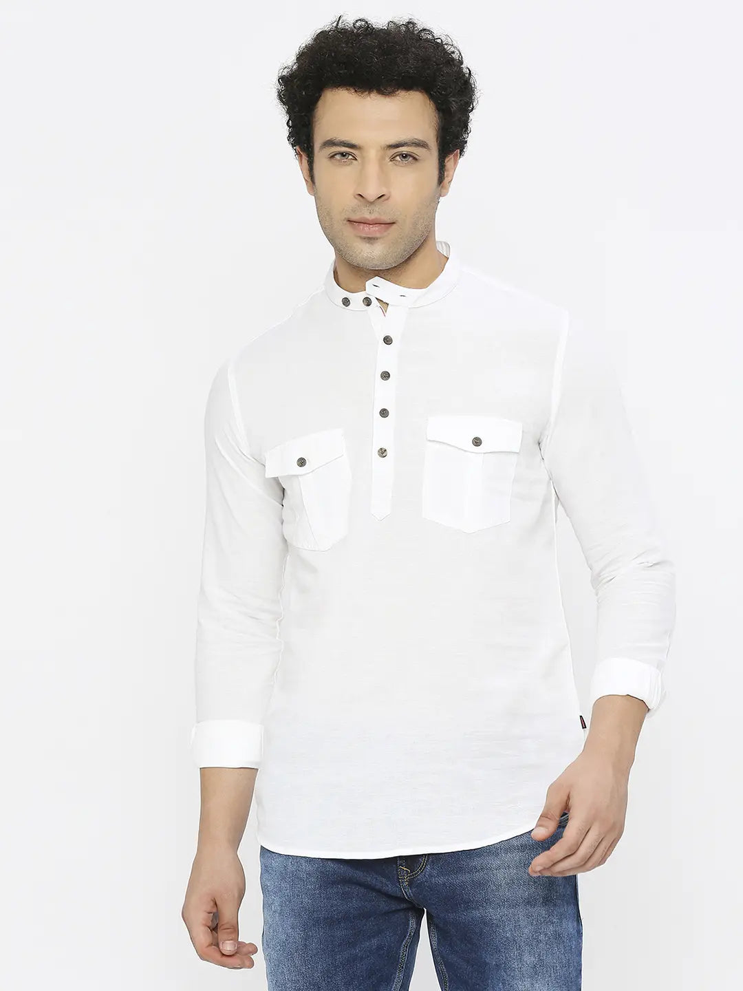 Spykar Men White Linen Slim Fit M and arin Collar Plain Kurta