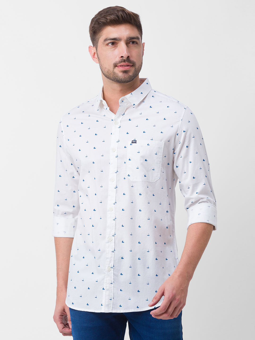 Spykar White Cotton Full Sleeve Printed Shirt For Men