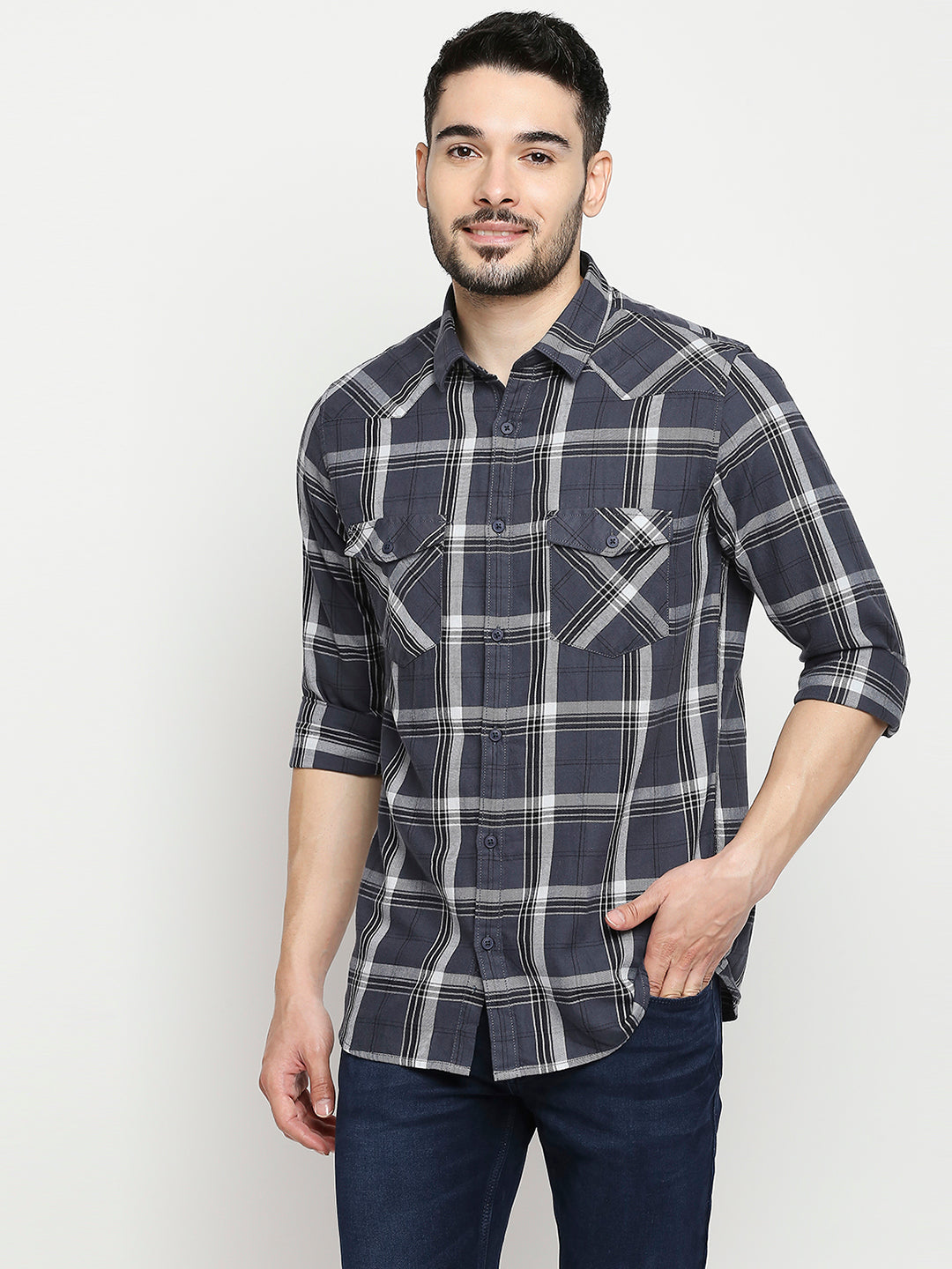 Spykar Men Grey Cotton Slim Fit Full Sleeve Checkered Shirt