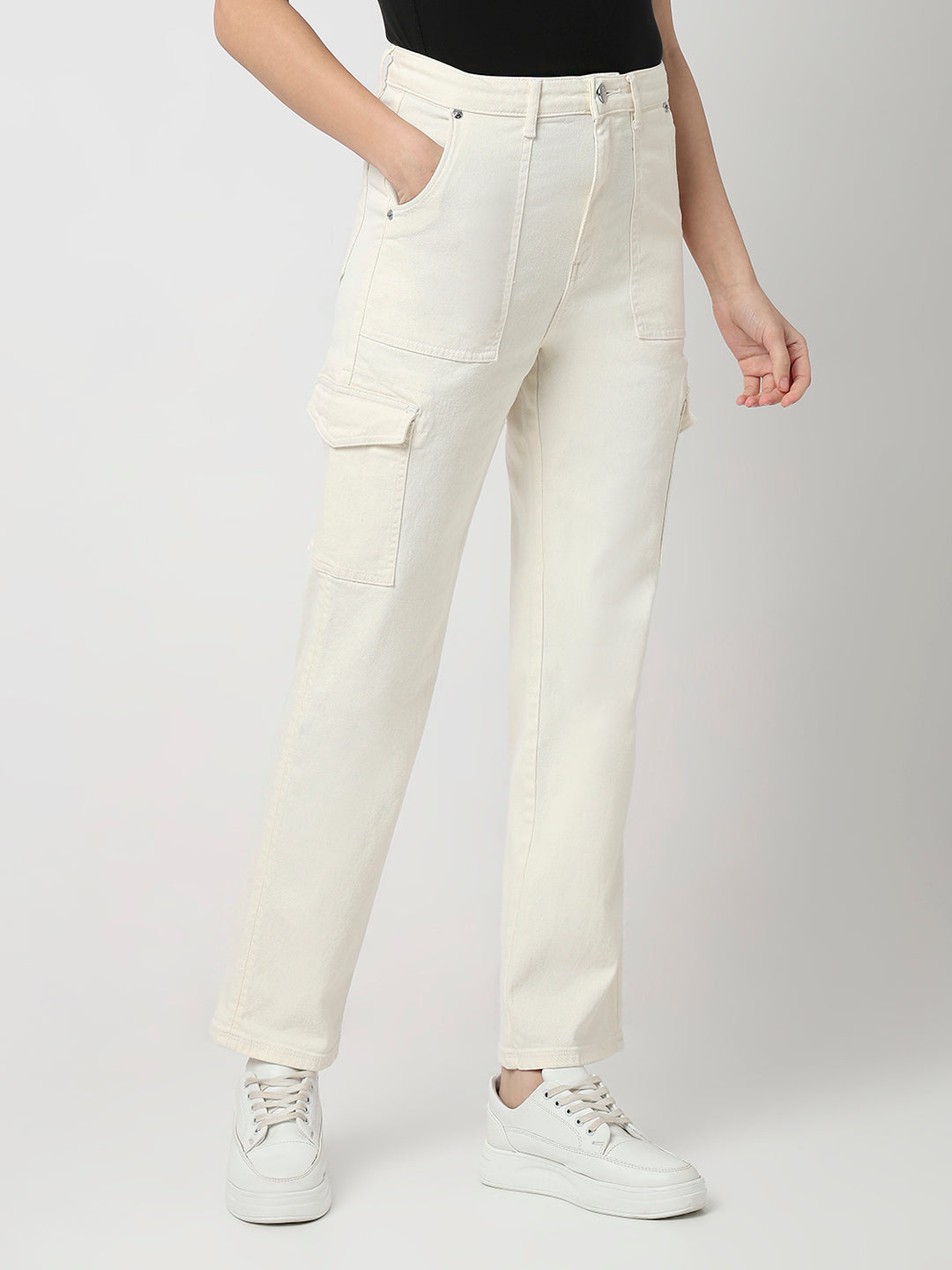 Spykar Ecru High Rise Straight Fit Casual Jeans For Women