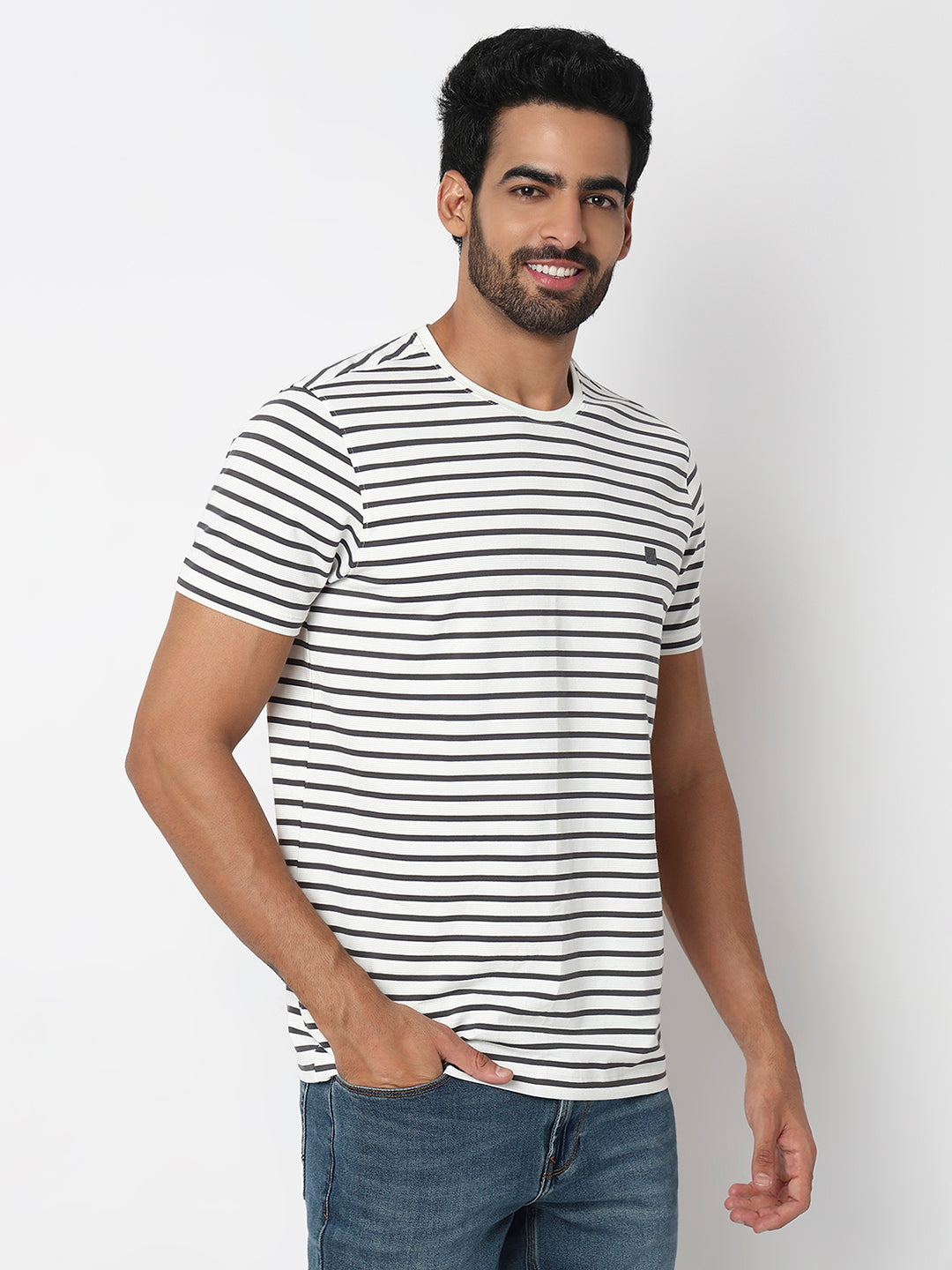 Spykar Grey Slim Fit Casual T-Shirts For Men