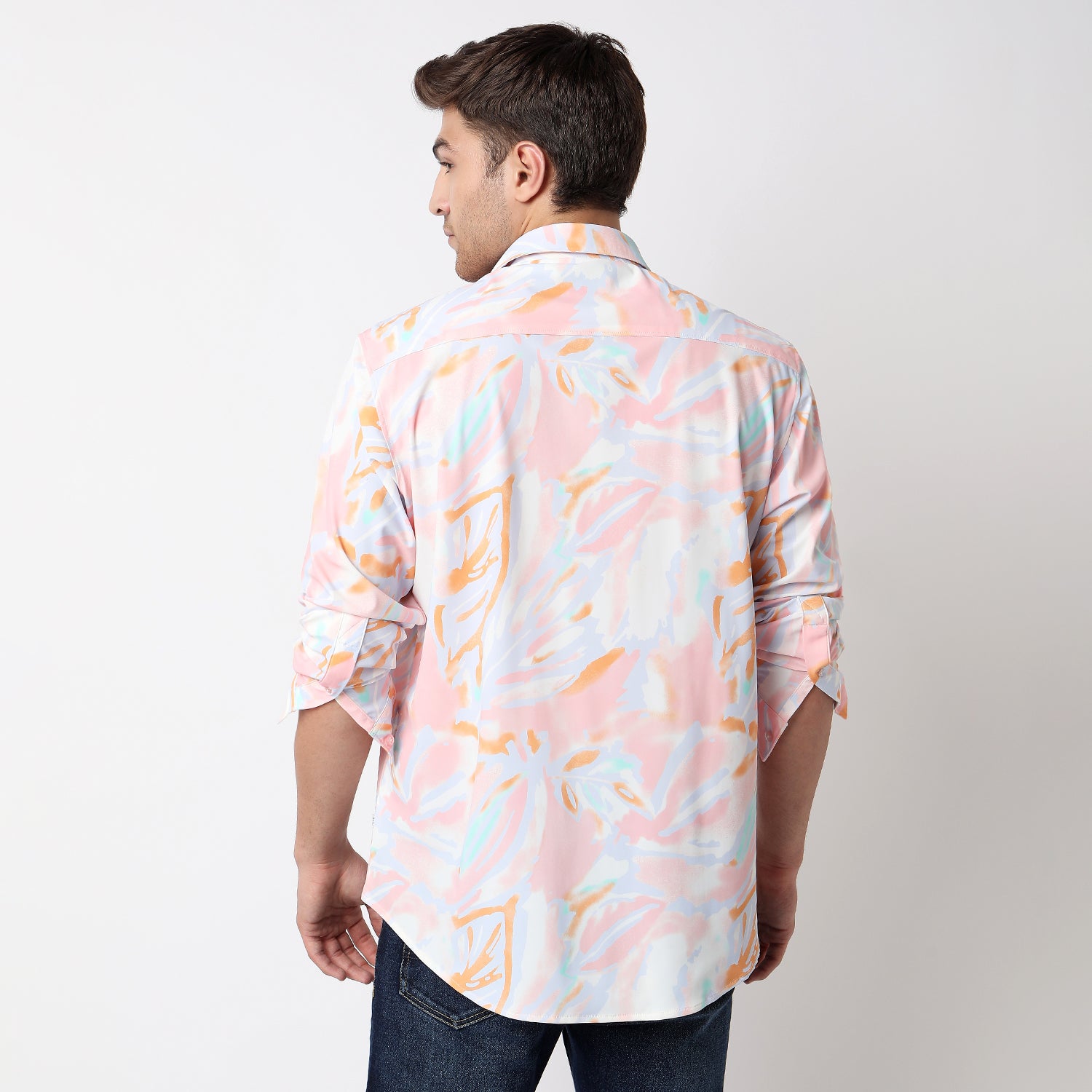 Men Shirt Print Pink Slim Fit