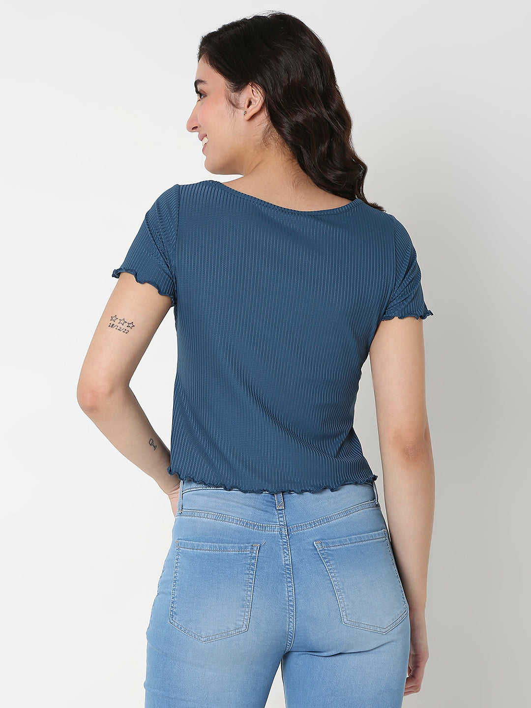 Spykar Blue Slim Half Sleeve Solid T-Shirt For Women