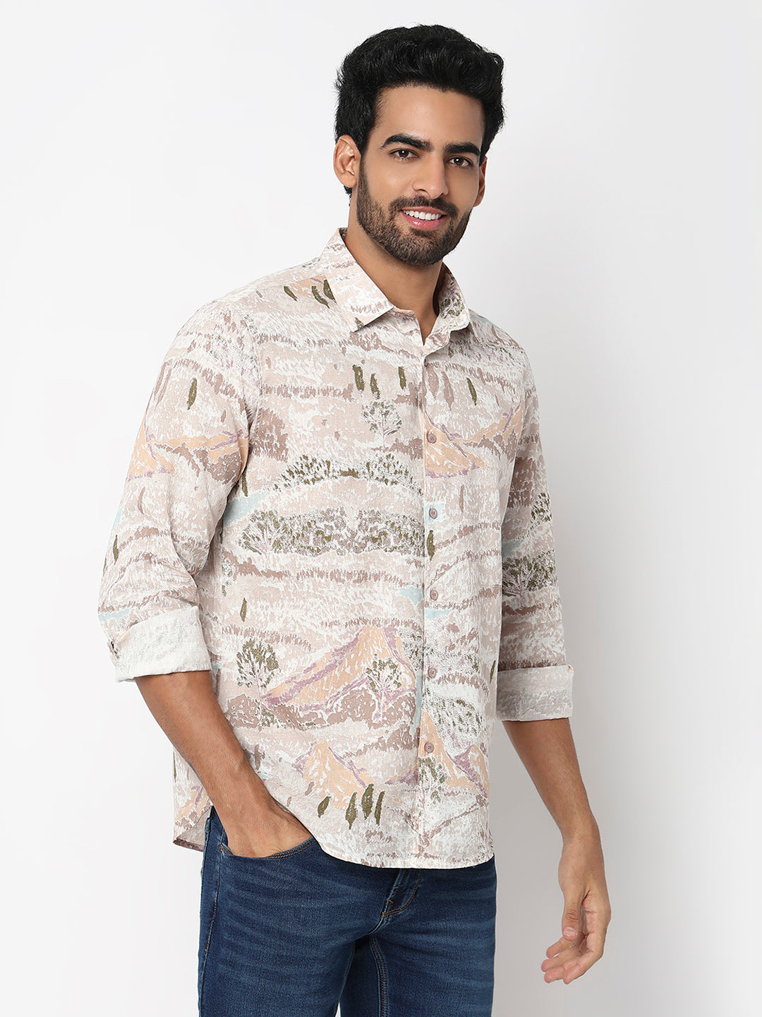 Spykar Taupe Beige Slim Fit Casual Shirts For Men