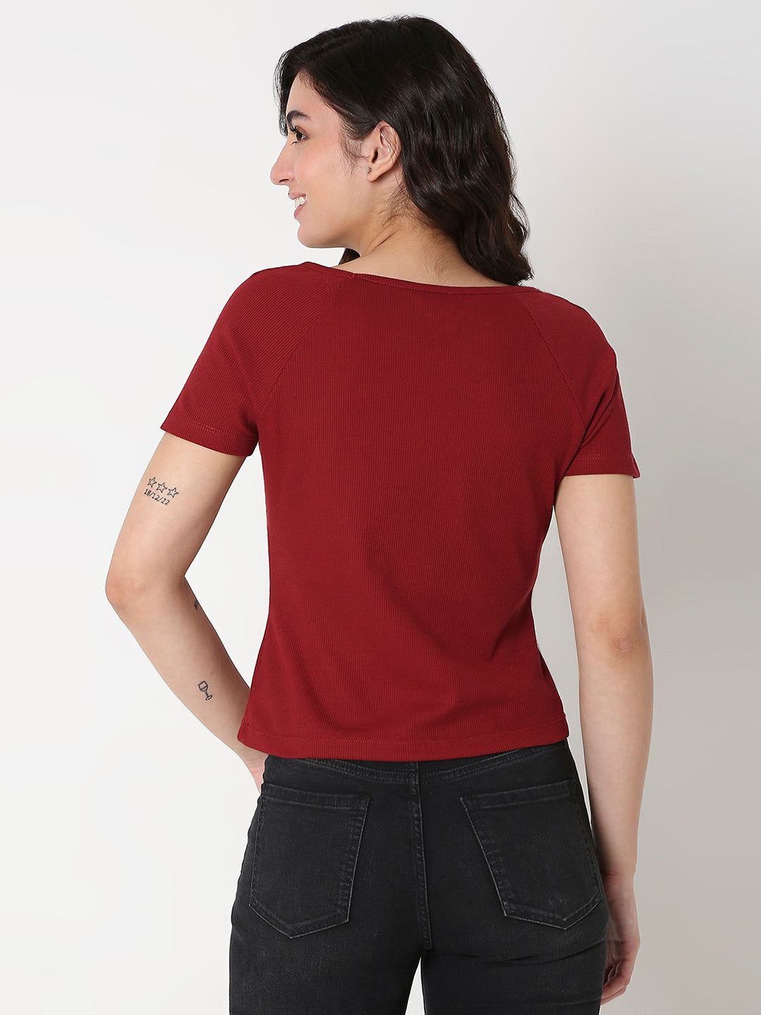 Spykar Maroon Slim Half Sleeve Solid T-Shirts For Women