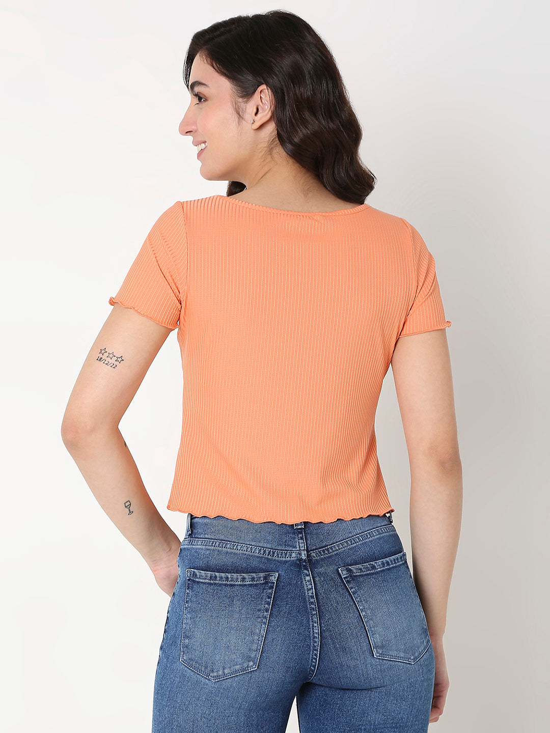 Spykar Orange Slim Half Sleeve Solid T-Shirts For Women