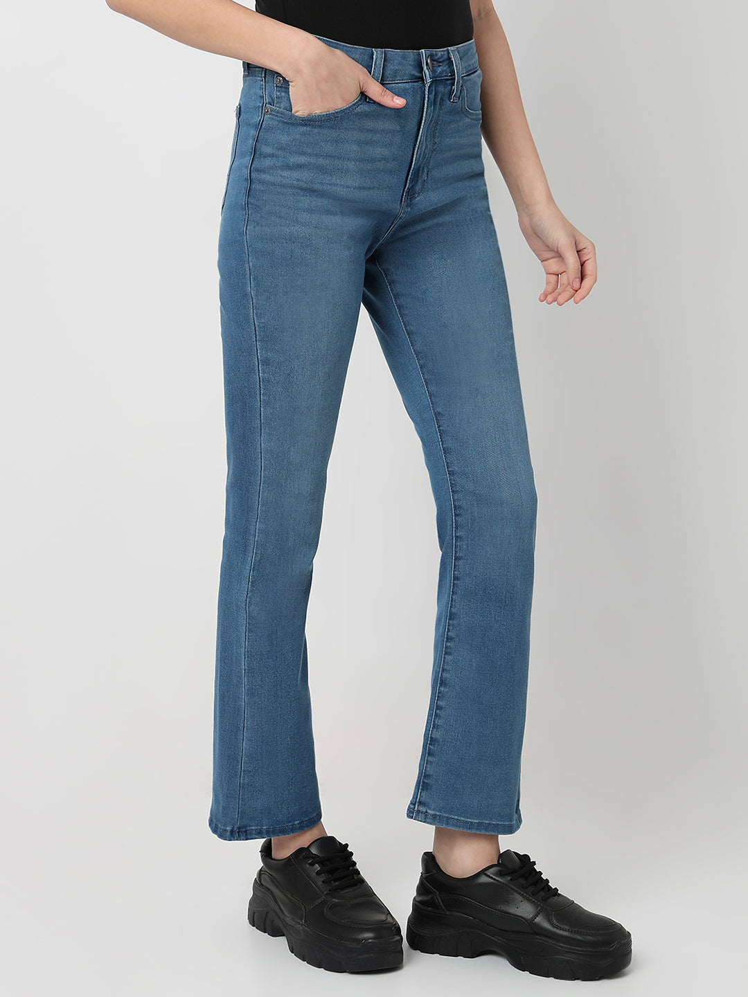 Spykar Mid Blue High Rise Boot Cut Fit Casual Jeans For Women