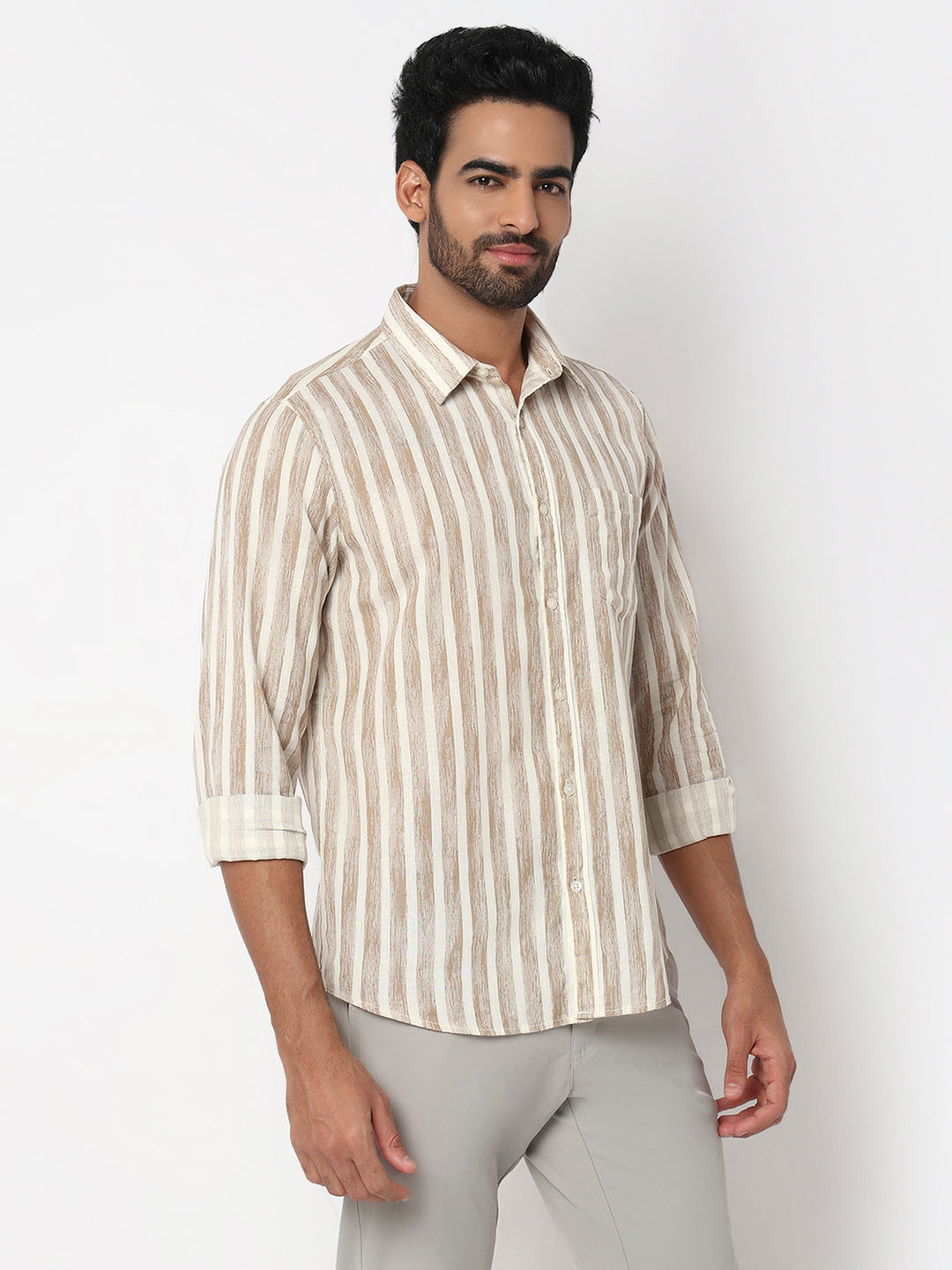 Men Light Fawn Slim Fit Casual Shirt