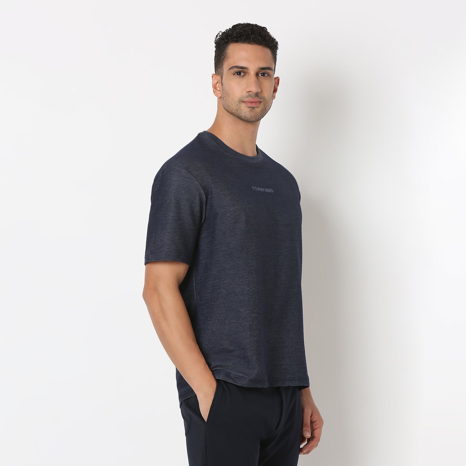 UnderJeans by Spykar Men Basic Dark Denim Blue Oversized T-Shirts
