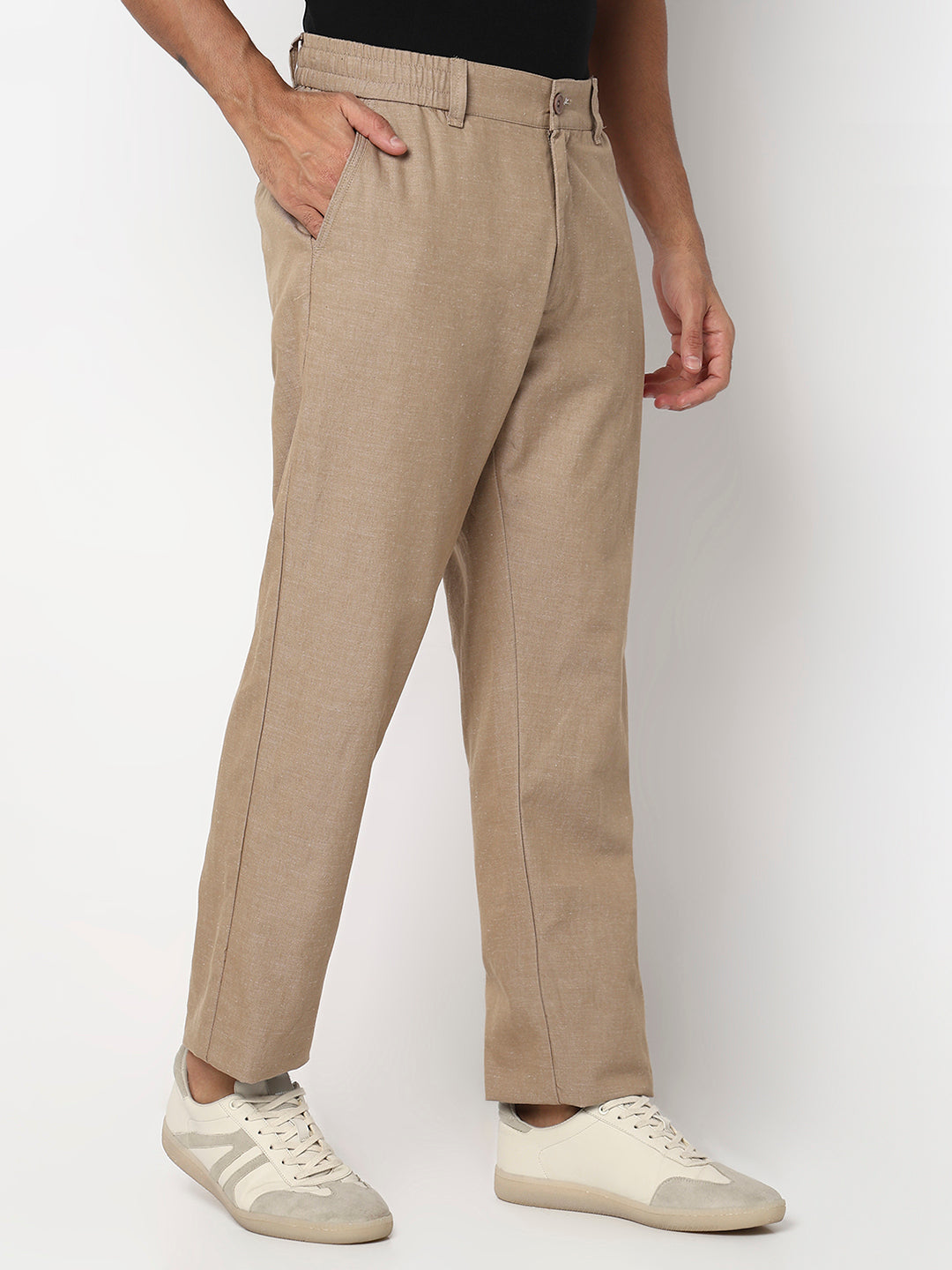 Men Trouser Regular Fit Khaki Mid Rise