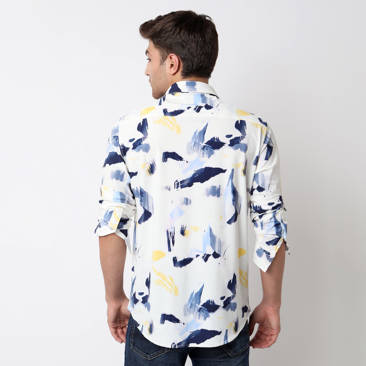 Men Shirt Print White Slim Fit